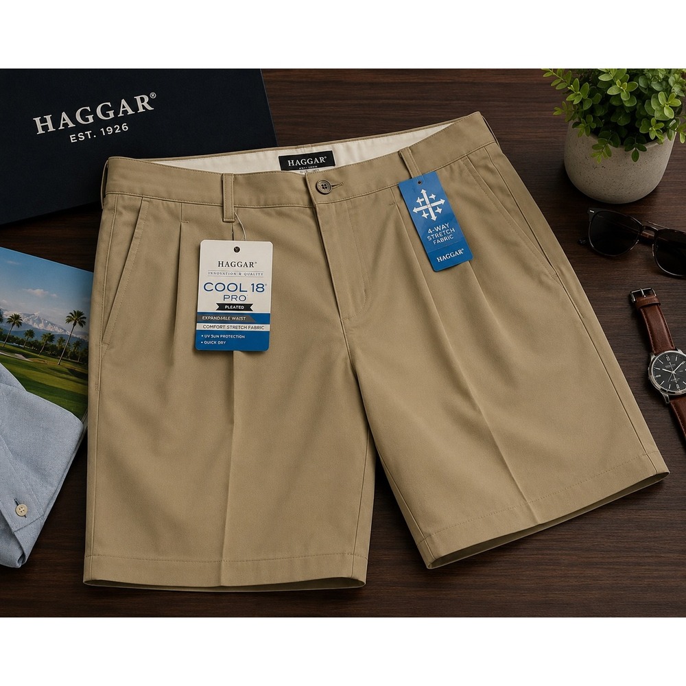NWT Haggar Cool 18 Pro Pleated Shorts 44W Khaki Expandable Waist Stretch HS00439